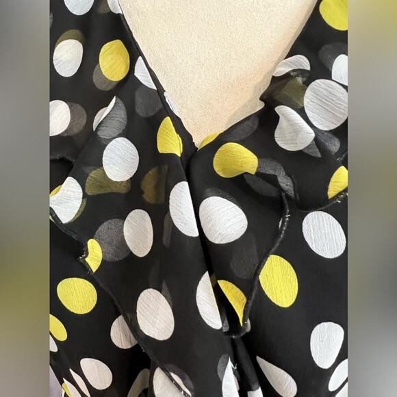 JBS Navy Blue Sheer Polka Dot Blouson Dress Yellow & White Dots Ruffled Hem 18WP - Picture 4 of 10
